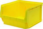 The yellow Quantum Magnum Bin measures 19-3/4L x 18-3/8W x 11-7/8H, with an open front and reinforced edges. Made in the USA from high-density polypropylene, it resists most solvents, corrosion, rust, and rot, offering a stack capacity of 150 lbs for optimal organization.