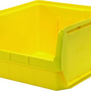 The yellow Quantum Magnum Bin measures 19-3/4L x 18-3/8W x 11-7/8H, with an open front and reinforced edges. Made in the USA from high-density polypropylene, it resists most solvents, corrosion, rust, and rot, offering a stack capacity of 150 lbs for optimal organization.