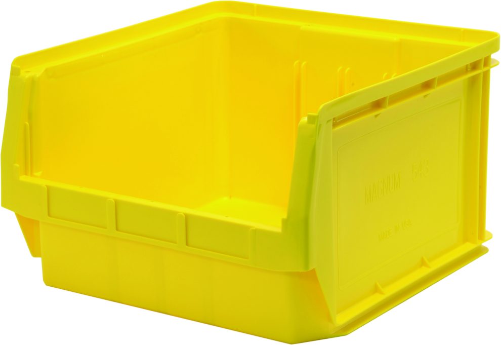 Yellow Quantum MAGNUM heavy-duty plastic bin with open hopper front and rear handle