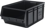The Quantum Magnum Bin is a black, open-front storage solution made in the USA from high-density polypropylene. Measuring 29L x 18-3/8W x 11-7/8H, it has raised sides, a ribbed exterior, supports up to 150 lbs., and resists solvents, corrosion, rust, and rot—perfect for workshops or warehouses.