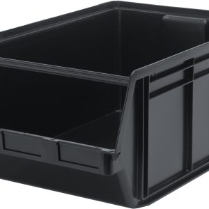 The Quantum Magnum Bin is a black, open-front storage solution made in the USA from high-density polypropylene. Measuring 29L x 18-3/8W x 11-7/8H, it has raised sides, a ribbed exterior, supports up to 150 lbs., and resists solvents, corrosion, rust, and rot—perfect for workshops or warehouses.