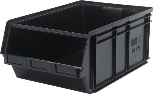 The Quantum Magnum Bin is a black, open-front storage solution made in the USA from high-density polypropylene. Measuring 29L x 18-3/8W x 11-7/8H, it has raised sides, a ribbed exterior, supports up to 150 lbs., and resists solvents, corrosion, rust, and rot—perfect for workshops or warehouses.