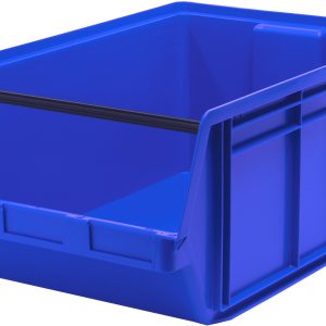 The Quantum Magnum Bin, measuring 29L x 18-3/8W x 11-7/8H, is blue and made in the USA from high-density polypropylene. It holds up to 150 lbs., resists solvents, corrosion, rust, and rot. It features reinforced edges, an open front with side ridges, a black support rod, and embossed text.
