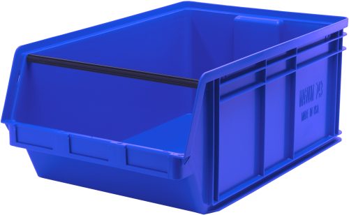 The Quantum Magnum Bin, measuring 29L x 18-3/8W x 11-7/8H, is blue and made in the USA from high-density polypropylene. It holds up to 150 lbs., resists solvents, corrosion, rust, and rot. It features reinforced edges, an open front with side ridges, a black support rod, and embossed text.