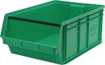 The Quantum Magnum Bin is a green, high-density polypropylene storage bin with an open front and a horizontal black rod for easy access. It is durable, can withstand up to 150 lbs when stacked, and is resistant to solvents, corrosion, rust, and rot. Made in the USA.