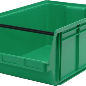 The Quantum Magnum Bin is a green, high-density polypropylene storage bin with an open front and a horizontal black rod for easy access. It is durable, can withstand up to 150 lbs when stacked, and is resistant to solvents, corrosion, rust, and rot. Made in the USA.