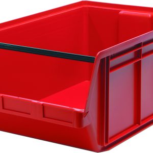 The Quantum Magnum Bin is a red, open-front storage bin (29x18-3/8x11-7/8) made from high-density polypropylene for strength and durability. It has a flat base for easy access and organization, supports 150 lbs., and resists corrosion, rust, and rot. Two black bars adorn the front edge.