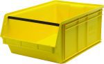 The Quantum Magnum Bin, measuring 29L x 18-3/8W x 11-7/8H, is made of high-density polypropylene, holds up to 150 lbs., and resists most solvents. It features an open front and black support bar for easy organization in warehouses or workshops. Made in the USA, its corrosion and rust-resistant.