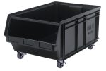 The Quantum Magnum Bin is a large, rectangular black storage container with four swivel casters for easy mobility. Its open front allows quick access to contents and includes a Made in USA label. Measuring 29L x 18-3/8W x 14-7/8H, it has a stack capacity of 150 lbs and is resistant to solvents, corrosion, rust, and rot.