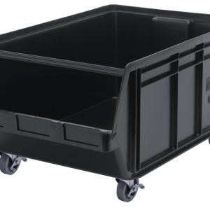 The Quantum Magnum Bin is a large, rectangular black storage container with four swivel casters for easy mobility. Its open front allows quick access to contents and includes a Made in USA label. Measuring 29L x 18-3/8W x 14-7/8H, it has a stack capacity of 150 lbs and is resistant to solvents, corrosion, rust, and rot.