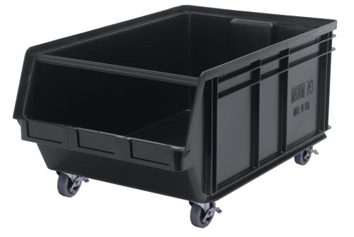 QMS843MOB_BK.jpg The Quantum Magnum Bin is a large, rectangular black storage container with four swivel casters for easy mobility. Its open front allows quick access to contents and includes a Made in USA label. Measuring 29L x 18-3/8W x 14-7/8H, it has a stack capacity of 150 lbs and is resistant to solvents, corrosion, rust, and rot.