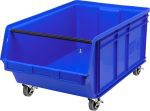 The Quantum Magnum Bin is a large blue mobile container made of high-density polypropylene. Measuring 29L x 18-3/8W x 14-7/8H, it features an open top and side, a handle, four caster wheels for easy mobility, and a 150 lbs stack capacity. Its resistant to most solvents, corrosion, rust, and rot. Made in the USA.