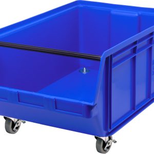 The Quantum Magnum Bin is a large blue mobile container made of high-density polypropylene. Measuring 29L x 18-3/8W x 14-7/8H, it features an open top and side, a handle, four caster wheels for easy mobility, and a 150 lbs stack capacity. Its resistant to most solvents, corrosion, rust, and rot. Made in the USA.