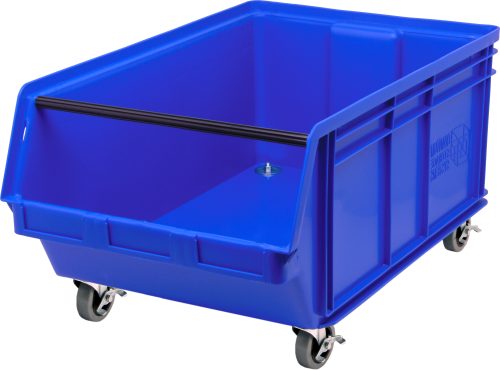 QMS843MOB_BL.jpg The Quantum Magnum Bin is a large blue mobile container made of high-density polypropylene. Measuring 29L x 18-3/8W x 14-7/8H, it features an open top and side, a handle, four caster wheels for easy mobility, and a 150 lbs stack capacity. Its resistant to most solvents, corrosion, rust, and rot. Made in the USA.