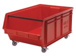 The Quantum Magnum Bin, made from durable high-density polypropylene, boasts a red design with a black handle and open front. It features four swivel casters for easy mobility and white side labels for identification. Dimensions: 29L x 18-3/8W x 14-7/8H, stack capacity of 150 lbs., Made in USA.