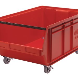 The Quantum Magnum Bin, made from durable high-density polypropylene, boasts a red design with a black handle and open front. It features four swivel casters for easy mobility and white side labels for identification. Dimensions: 29L x 18-3/8W x 14-7/8H, stack capacity of 150 lbs., Made in USA.