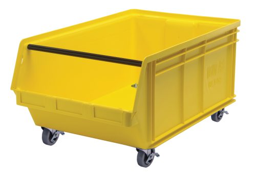 The Quantum Magnum Bin is a yellow, mobile storage solution made in the USA. With dimensions of 29L x 18-3/8W x 14-7/8H and a stack capacity of 150 lbs, its corrosion-resistant and made from high-density polypropylene. It ensures ease of mobility and durability against solvents, rust, and rot.