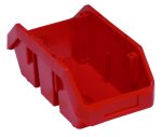 The Quantum Quickpick Bin measures 12-1/2 x 6-5/8 x 5, is made of heavy-duty polypropylene, and allows double-sided access. It’s red, rectangular with reinforced sides and an angled front edge, perfect for stacking and organizing small items. Made in the USA.
