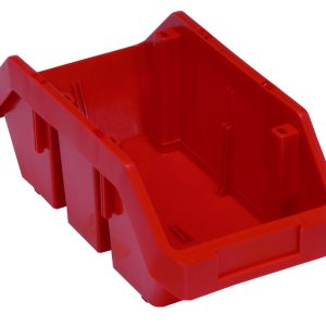 The Quantum Quickpick Bin measures 12-1/2 x 6-5/8 x 5, is made of heavy-duty polypropylene, and allows double-sided access. It’s red, rectangular with reinforced sides and an angled front edge, perfect for stacking and organizing small items. Made in the USA.