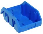 The Quantum QuickPick Bin, 12-1/2W x 8-3/8D x 5H, made in the USA from heavy-duty polypropylene, offers durability with reinforced edges and notches for stacking. This blue organizer allows efficient double-sided access to small items.