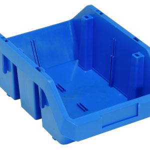 The Quantum QuickPick Bin, 12-1/2W x 8-3/8D x 5H, made in the USA from heavy-duty polypropylene, offers durability with reinforced edges and notches for stacking. This blue organizer allows efficient double-sided access to small items.