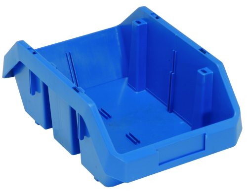 The Quantum QuickPick Bin, 12-1/2W x 8-3/8D x 5H, made in the USA from heavy-duty polypropylene, offers durability with reinforced edges and notches for stacking. This blue organizer allows efficient double-sided access to small items.