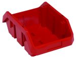 The Quantum Quickpick Bin, measuring 12-1/2W x 8-3/8D x 5H, is a red heavy-duty polypropylene storage solution. It features double-sided access, reinforced sides, side slots for labels, and efficient stackability. Proudly made in the USA.