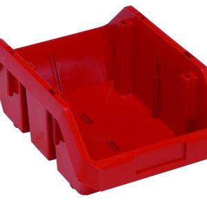 The Quantum Quickpick Bin, measuring 12-1/2W x 8-3/8D x 5H, is a red heavy-duty polypropylene storage solution. It features double-sided access, reinforced sides, side slots for labels, and efficient stackability. Proudly made in the USA.