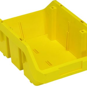 The Quantum Quickpick Bin, 12-1/2W x 8-3/8D x 5H, is a bright yellow storage solution with open front and reinforced sides, allowing double-sided access. Made from heavy-duty polypropylene in the USA, it features a secure stackable design with grooves and notches.