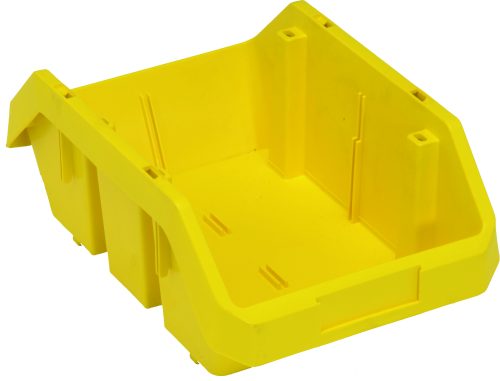 The Quantum Quickpick Bin, 12-1/2W x 8-3/8D x 5H, is a bright yellow storage solution with open front and reinforced sides, allowing double-sided access. Made from heavy-duty polypropylene in the USA, it features a secure stackable design with grooves and notches.