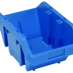 The Quantum Quickpick Bin, measuring 14W x 9-1/4D x 6-1/2H, is a blue heavy-duty polypropylene storage solution crafted in the USA. It features reinforced sides, a slanted front opening, stackable design with handling slots, and allows double-sided access to stored items.