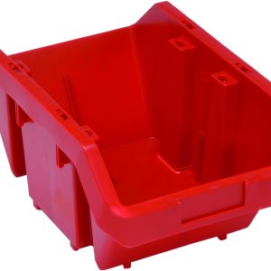 The Quantum Quickpick Bin, vibrant red and made of heavy-duty polypropylene, measures 14W x 9-1/4D x 6-1/2H with reinforced sides and allows double-sided access. Proudly made in the USA, its ideal for organizing or storing small items.