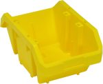 The Quantum Quickpick Bin, measuring 14W x 9-1/4D x 6-1/2H, is a yellow, USA-made storage solution. Its heavy-duty polypropylene build, open front design with reinforced corners allow double-sided access. Its rectangular shape, label slot, and molded grooves enhance organizing and stacking efficiency.