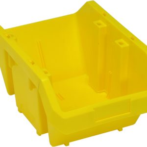 The Quantum Quickpick Bin, measuring 14W x 9-1/4D x 6-1/2H, is a yellow, USA-made storage solution. Its heavy-duty polypropylene build, open front design with reinforced corners allow double-sided access. Its rectangular shape, label slot, and molded grooves enhance organizing and stacking efficiency.
