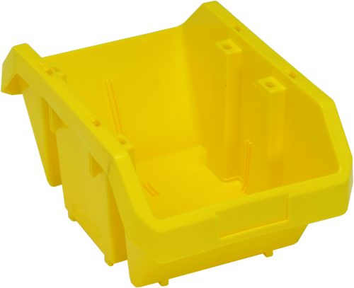 The Quantum Quickpick Bin, measuring 14W x 9-1/4D x 6-1/2H, is a yellow, USA-made storage solution. Its heavy-duty polypropylene build, open front design with reinforced corners allow double-sided access. Its rectangular shape, label slot, and molded grooves enhance organizing and stacking efficiency.