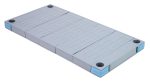 The Quantum Millenia Shelf is a 24W x 18D rectangular platform with a textured gray finish, blue side accents, and four black circular pads at each corner. Its made entirely from polymer materials and includes a removable solid shelf mat.