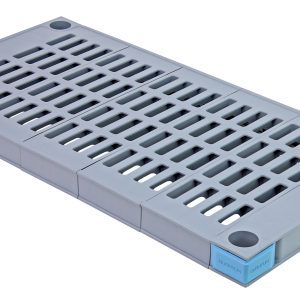The Quantum Millenia Shelf is a rectangular, all-polymer, gray shelf with a removable open grid mat. It supports up to 1000 lbs and features an open design with evenly spaced slats for airflow and drainage. The product includes blue corner protectors and small round feet. Made in the USA.