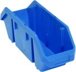 The Quantum Quickpick Bin offers an 18-1/2W x 6-5/8D x 7H size with slanted sides for double-sided access. Made from heavy-duty blue polypropylene, it features stackable side rims and a front label slot. Proudly made in the USA.