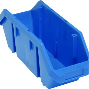 The Quantum Quickpick Bin offers an 18-1/2W x 6-5/8D x 7H size with slanted sides for double-sided access. Made from heavy-duty blue polypropylene, it features stackable side rims and a front label slot. Proudly made in the USA.