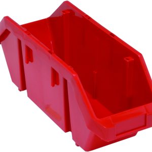 The Quantum Quickpick Bin, made in the USA with heavy-duty polypropylene and featuring an 18-1/2W x 6-5/8D x 7H size, comes in red and is designed for double-sided access to stored items.