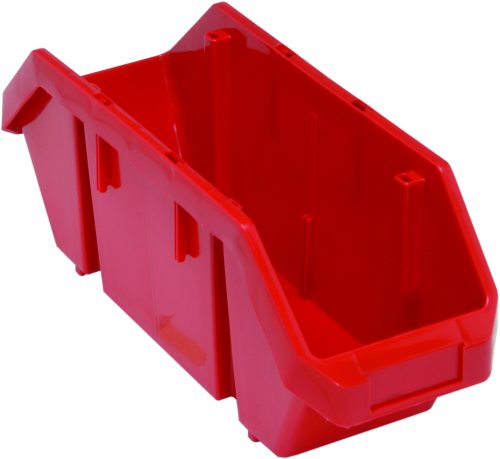 The Quantum Quickpick Bin, made in the USA with heavy-duty polypropylene and featuring an 18-1/2W x 6-5/8D x 7H size, comes in red and is designed for double-sided access to stored items.