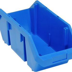 The Quantum Quickpick Bin, 18-1/2W x 8-3/8D x 7H, is blue and made in the USA, offering double-sided access with its slanted front and raised back. Crafted from heavy-duty polypropylene, it’s ideal for organizing and stacking items.