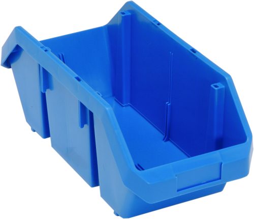 The Quantum Quickpick Bin, 18-1/2W x 8-3/8D x 7H, is blue and made in the USA, offering double-sided access with its slanted front and raised back. Crafted from heavy-duty polypropylene, it’s ideal for organizing and stacking items.