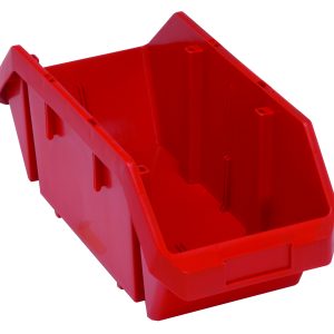 The Quantum Quickpick Bin, made in the USA from heavy-duty polypropylene, measures 18-1/2W x 8-3/8D x 7H. It features a red color with an open top and sloped front for easy access. Its reinforced rectangular shape allows double-sided access to organized and stored items.