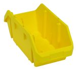 The Quantum Quickpick Bin, measuring 18-1/2W x 8-3/8D x 7H, is a yellow heavy-duty polypropylene storage solution made in the USA. It features double-sided access, molded handles for easy carrying, and an open top with a slanted front for optimal organizing in workshops or warehouses.