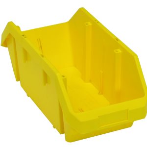 The Quantum Quickpick Bin, measuring 18-1/2W x 8-3/8D x 7H, is a yellow heavy-duty polypropylene storage solution made in the USA. It features double-sided access, molded handles for easy carrying, and an open top with a slanted front for optimal organizing in workshops or warehouses.