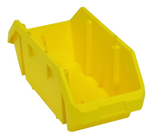 The Quantum Quickpick Bin, measuring 18-1/2W x 8-3/8D x 7H, is a yellow heavy-duty polypropylene storage solution made in the USA. It features double-sided access, molded handles for easy carrying, and an open top with a slanted front for optimal organizing in workshops or warehouses.