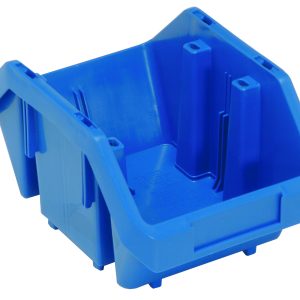 The Quantum Quickpick Bin measures 9-1/2W x 6-5/8D x 5H, featuring double-sided access, reinforced sides, and a front label slot. Its crafted from heavy-duty polypropylene in blue for efficient small item organization and storage. Made in the USA.