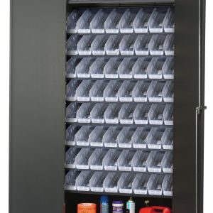 The Quantum Heavy-Duty 36 Bin Cabinet offers a robust 14-gauge welded design with a 400 lb. capacity per shelf. It features a gray powder-coated finish, including eight sloped shelves and 72 QSB101 clear bins, making it ideal for organized storage needs.