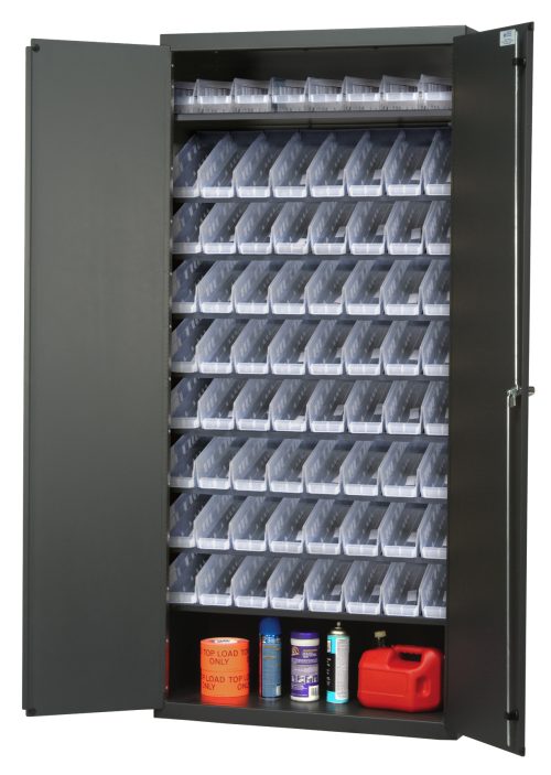 QPR-101CL.jpg The Quantum Heavy-Duty 36 Bin Cabinet offers a robust 14-gauge welded design with a 400 lb. capacity per shelf. It features a gray powder-coated finish, including eight sloped shelves and 72 QSB101 clear bins, making it ideal for organized storage needs.